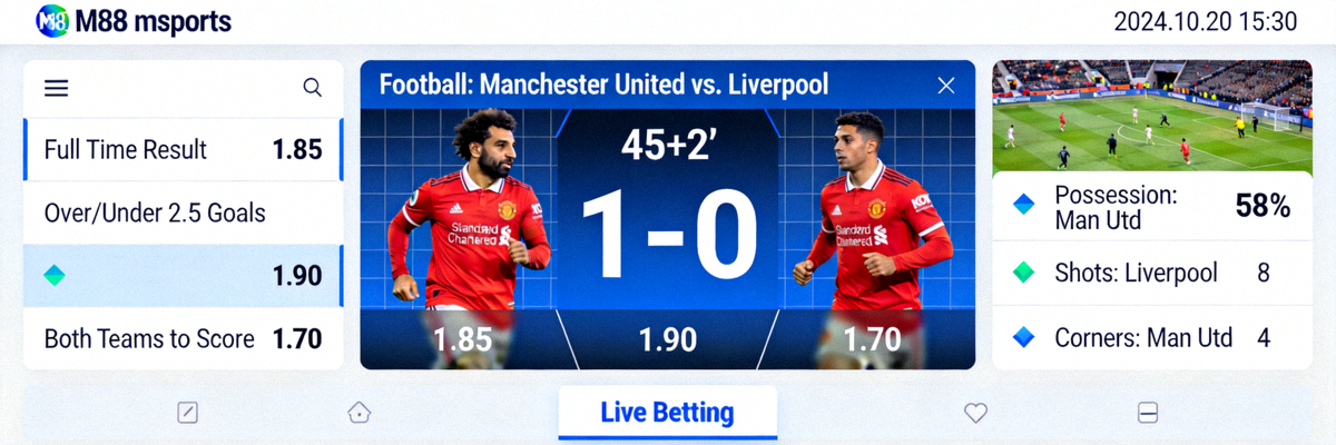 Tampilan live betting dengan statistik real-time di platform M88 msports